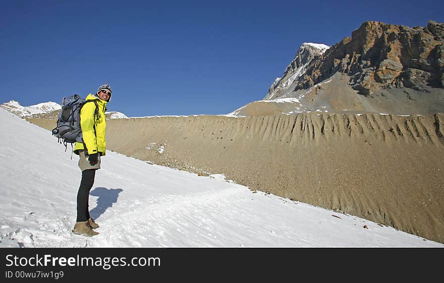 Panoramic View Of Trekker In The  Annapurnas,