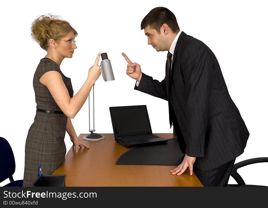 Businesswoman and businessman in office.