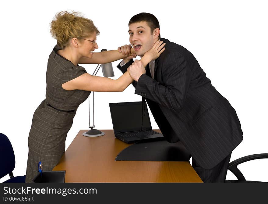 Business woman and businessman in office.