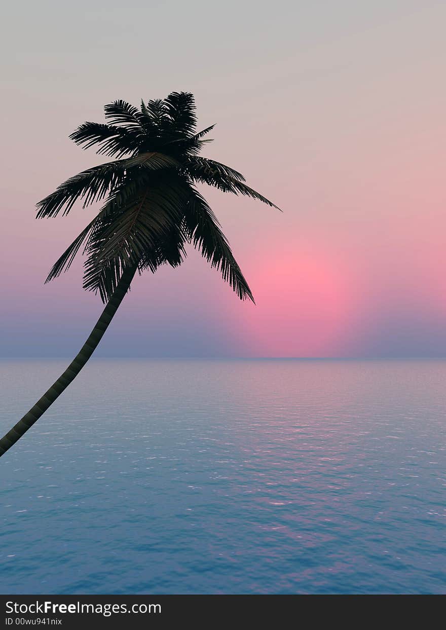 Sunset coconut palm tree on ocean coast - 3d illustration.