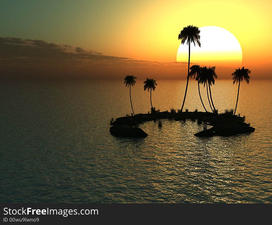 Sunset coconut palm trees on small island - 3d illustration.