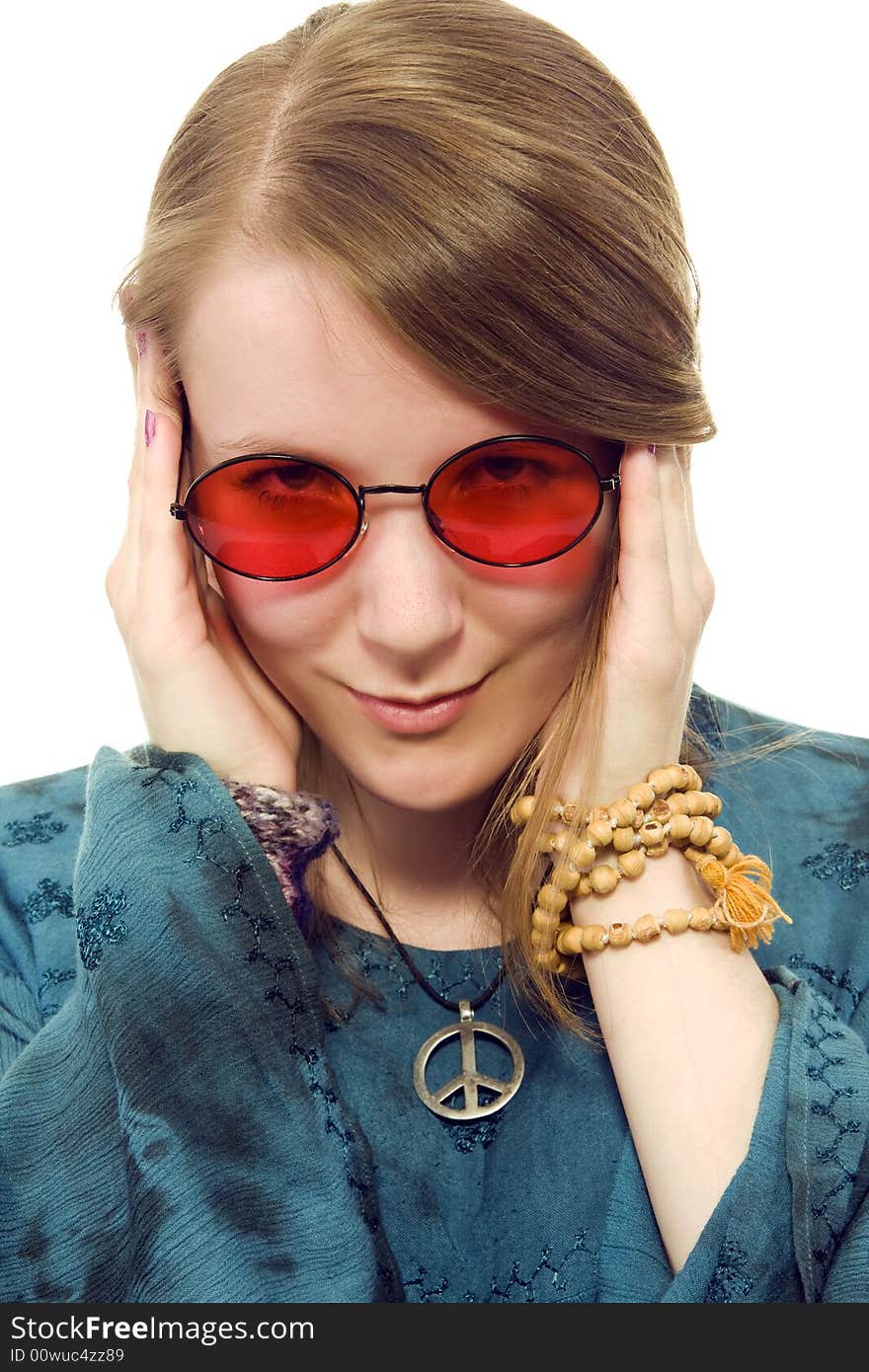 Hippie girl wearing red eyeglasses (white background)