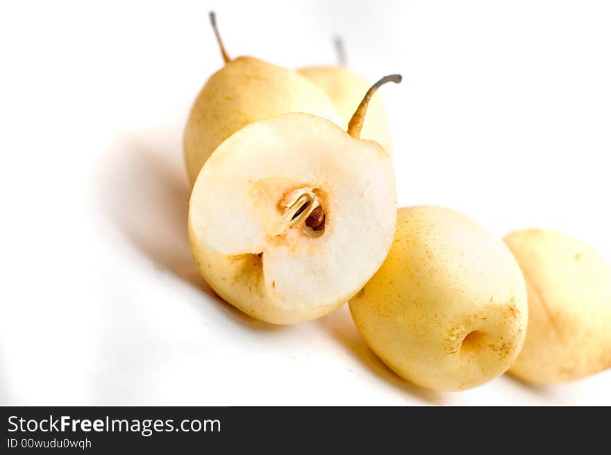 5 pears one cut into half. 5 pears one cut into half