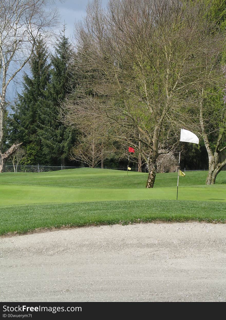 Sand trap with golf course greens in the background. Sand trap with golf course greens in the background.