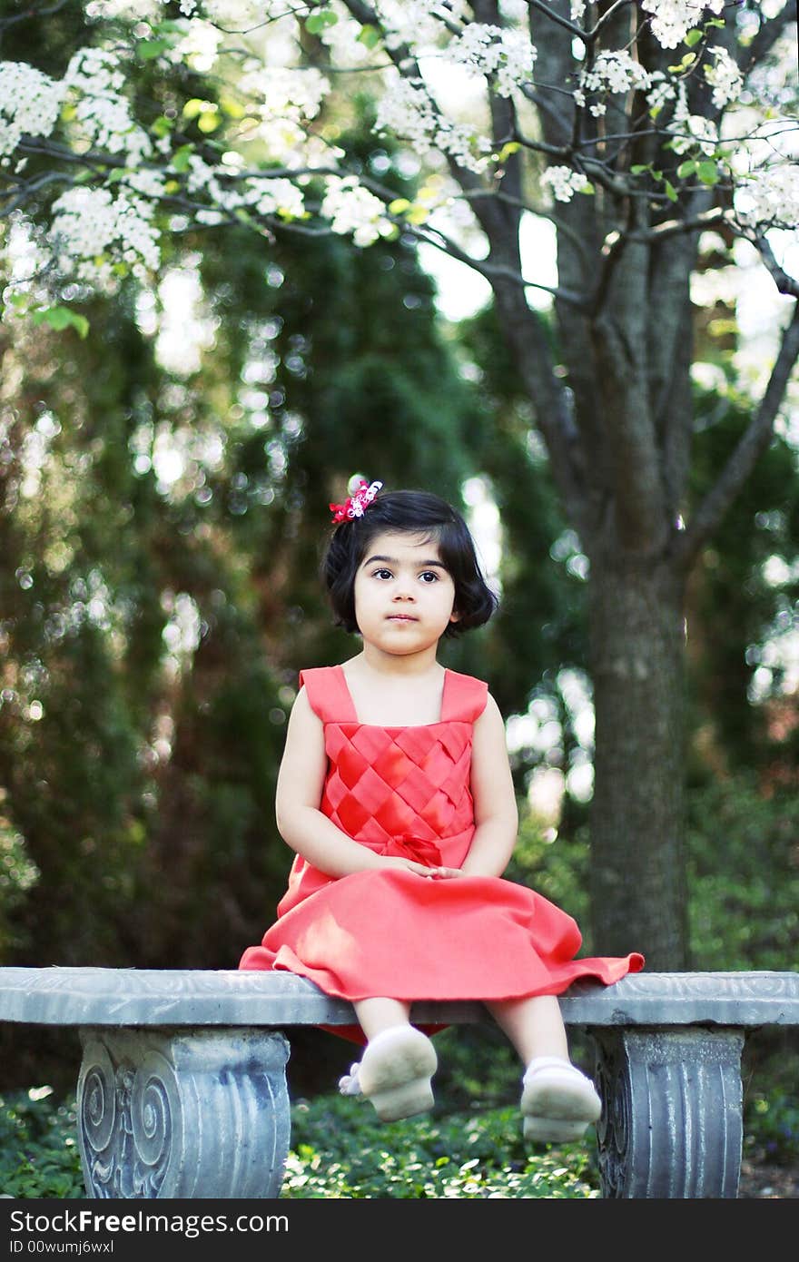 2 year old toddler sitting on a tiny bench with spring flowers in the back. 2 year old toddler sitting on a tiny bench with spring flowers in the back