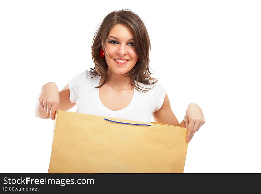 Beautiful woman in a bag over white background. Beautiful woman in a bag over white background