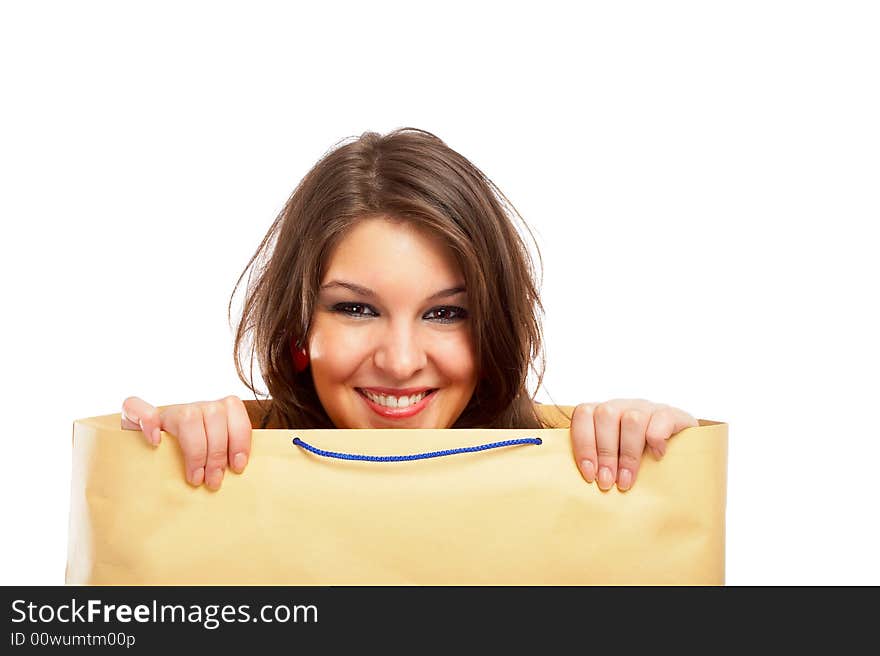 Beautiful woman in a bag over white background. Beautiful woman in a bag over white background