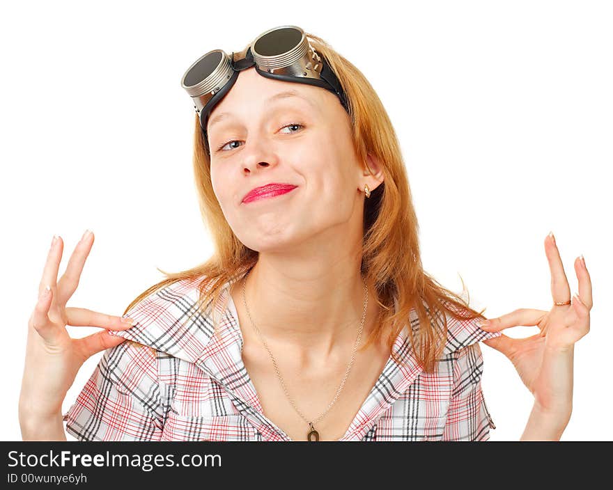 Funny girl with round glasses on the forehead over white