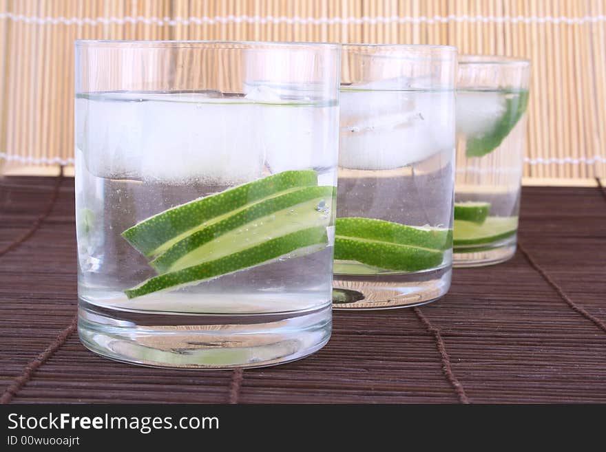 Frosty cold glass of ice water with lime