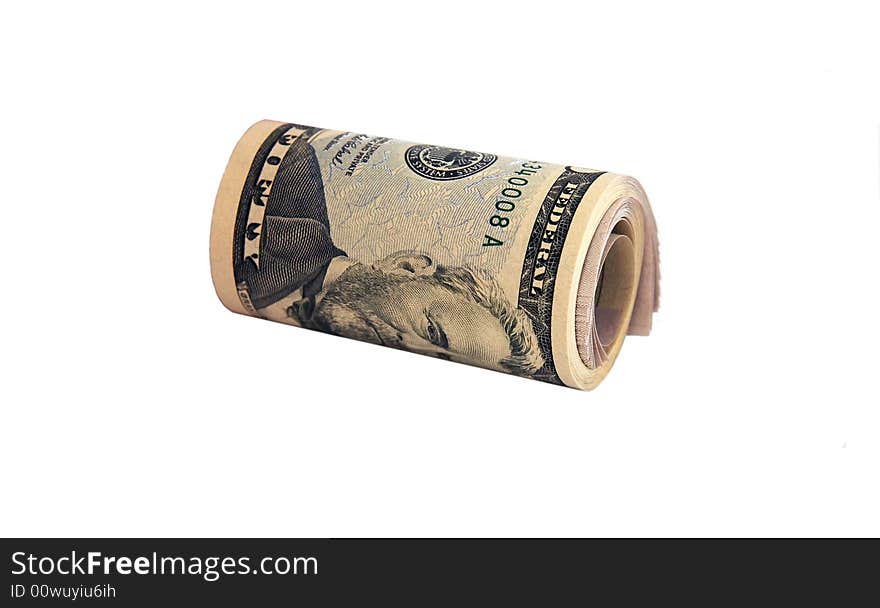 The pack of banknotes on 50 dollars braided in the cylinder. The pack of banknotes on 50 dollars braided in the cylinder