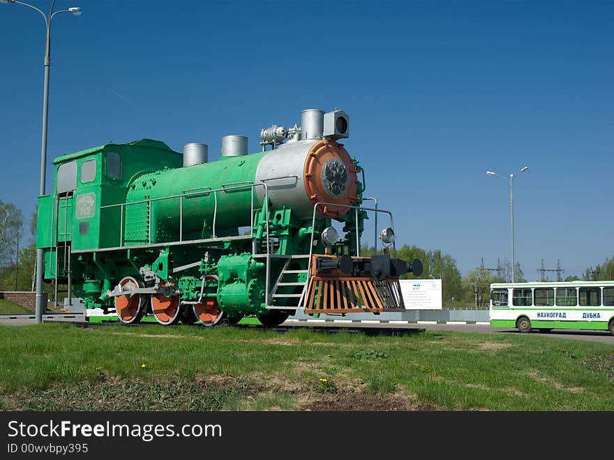 Monument to steam locomotive at railway station Big Volga. Dubna. Moscow region. Russia