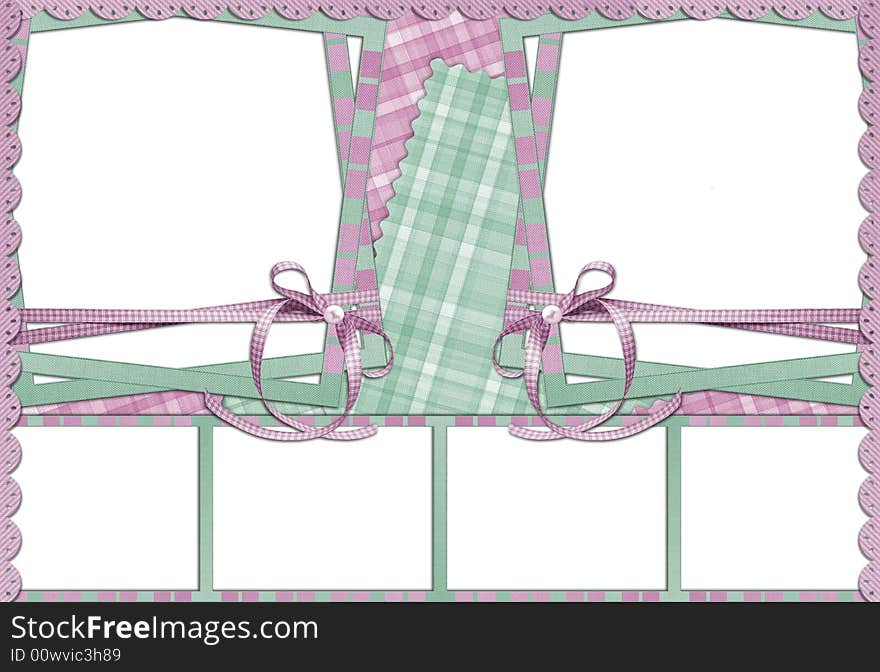 The frame for photos, Virtualscrapbooking in green, pink shades, with ribbons m border