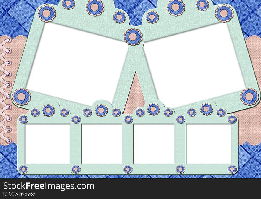 The frame for photos, Virtualscrapbooking in green, pink shades, with ribbons m border