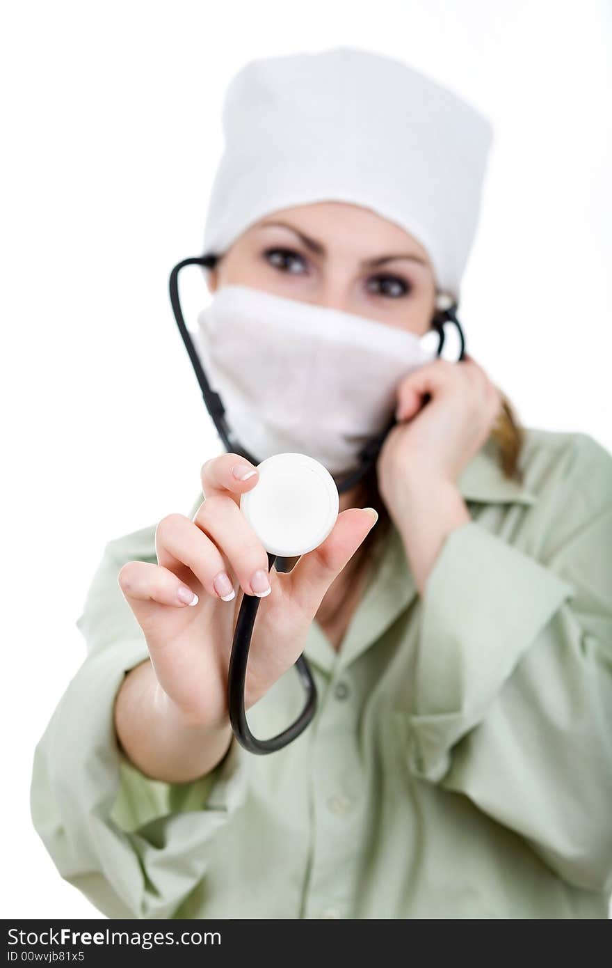 An image of a woman in white mask with stethoscope