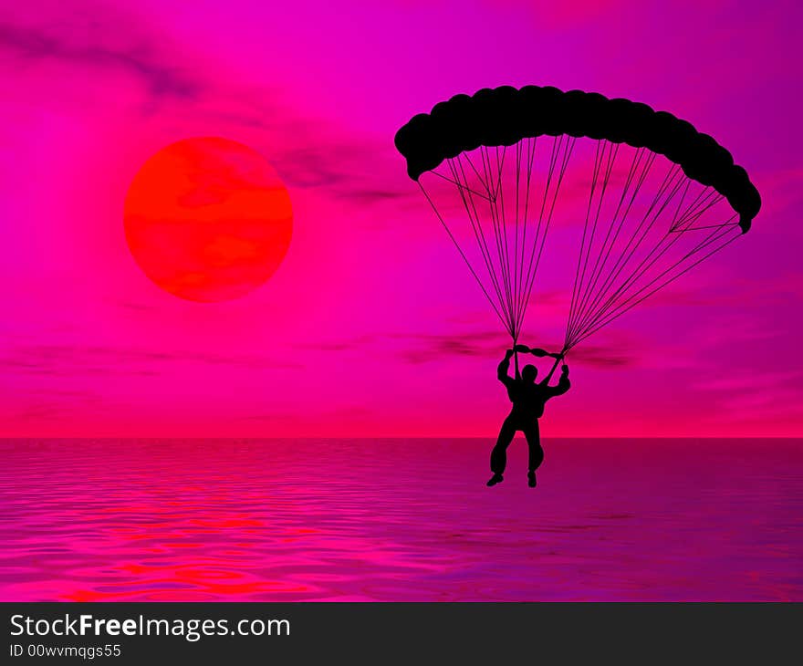 Parachutist in silhouette against a colorful sunset