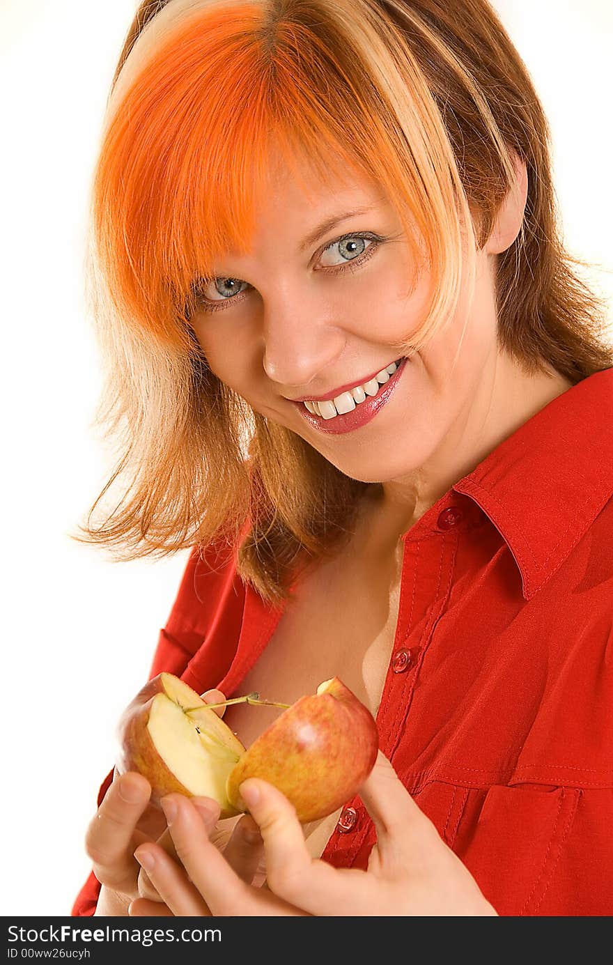 Young woman with apple on white. Young woman with apple on white