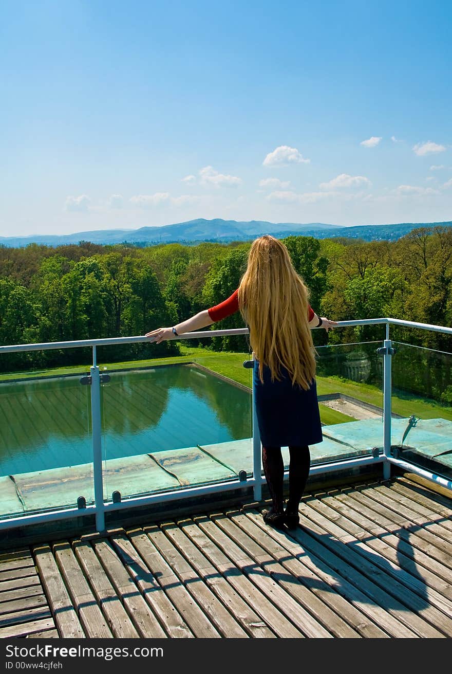 Back of blond woman contemplating high view