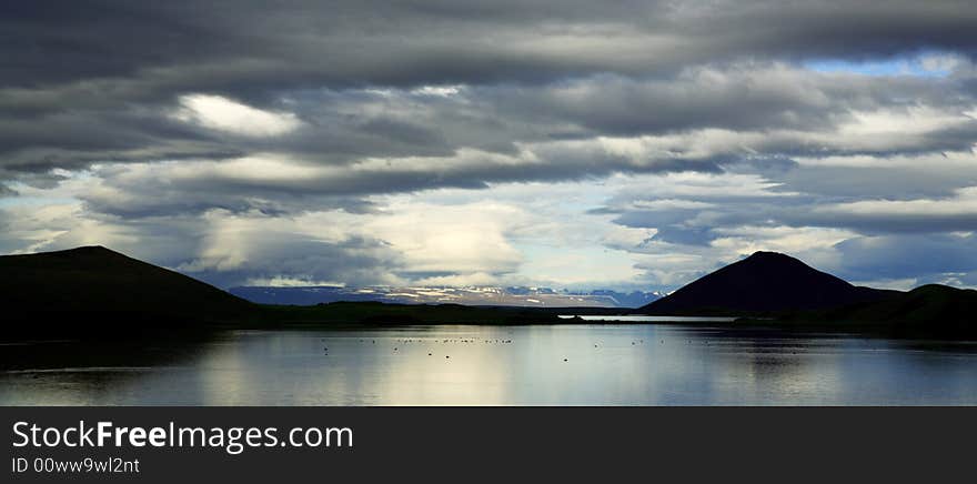 Panoramic view of Lake Myvatn at dusk