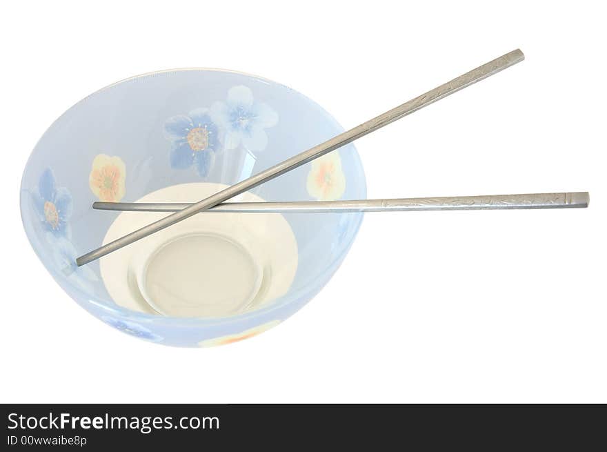 Blue cup and two steel chopsticks. On isolated background.