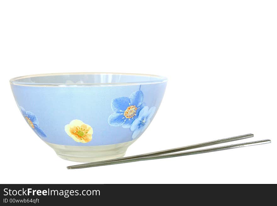 Blue cup and two steel chopsticks. On isolated background.