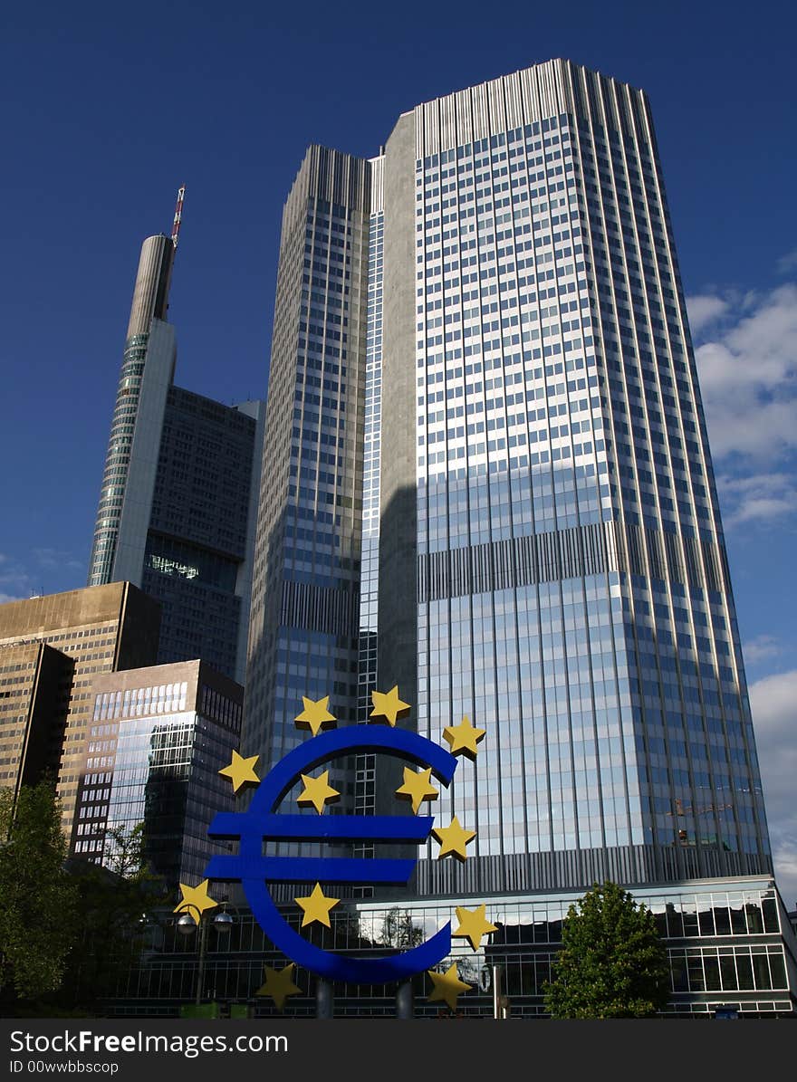 High building at Frankfurt city with Euro signal. High building at Frankfurt city with Euro signal.