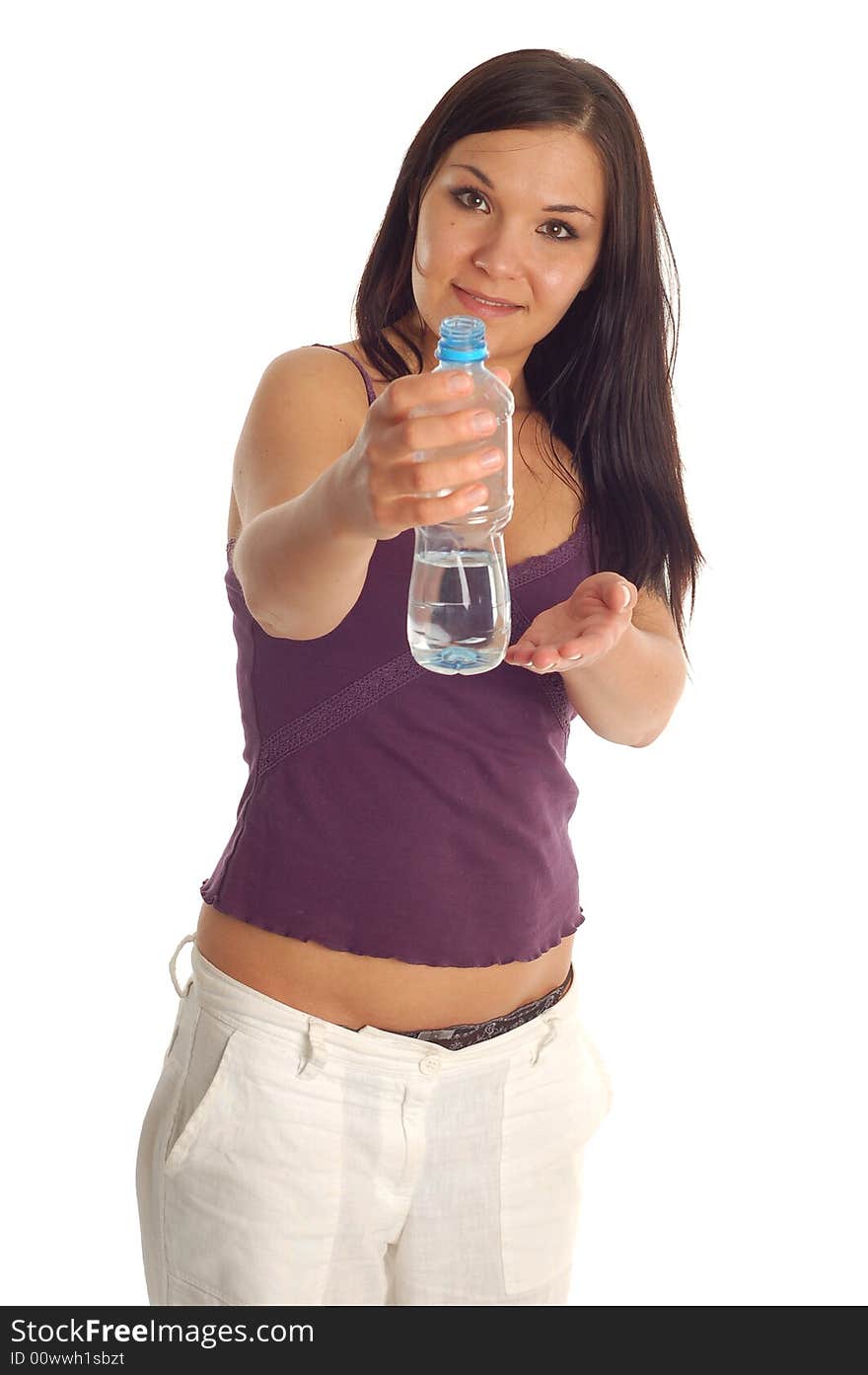 Attractive woman with water bottle on white background. Attractive woman with water bottle on white background