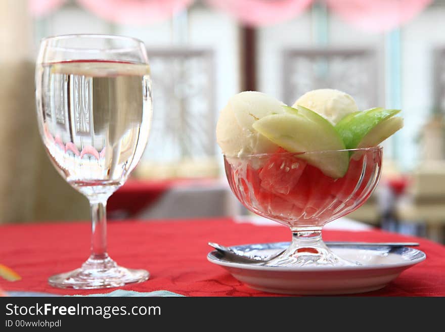 Icecream sundaes with a cup of  soda water. Icecream sundaes with a cup of  soda water