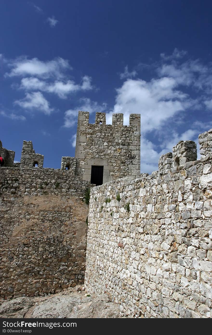 Castle wall perspective, isolated in blue sky background