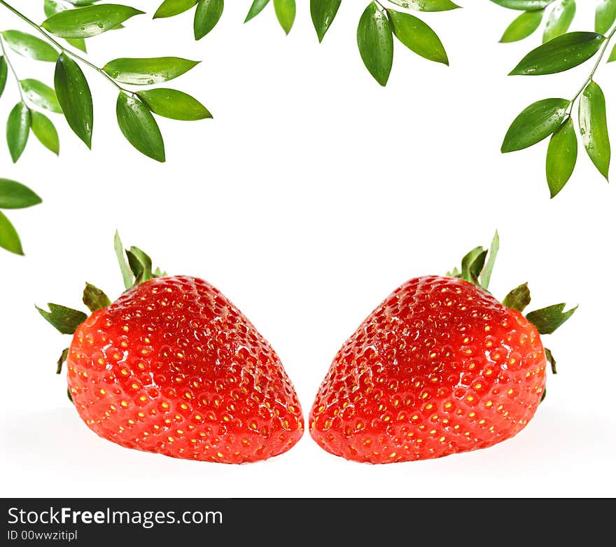 Sweet red strawberries and green leaf. Sweet red strawberries and green leaf