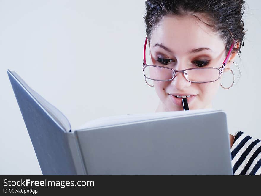 Beauty business woman in glasses at white background