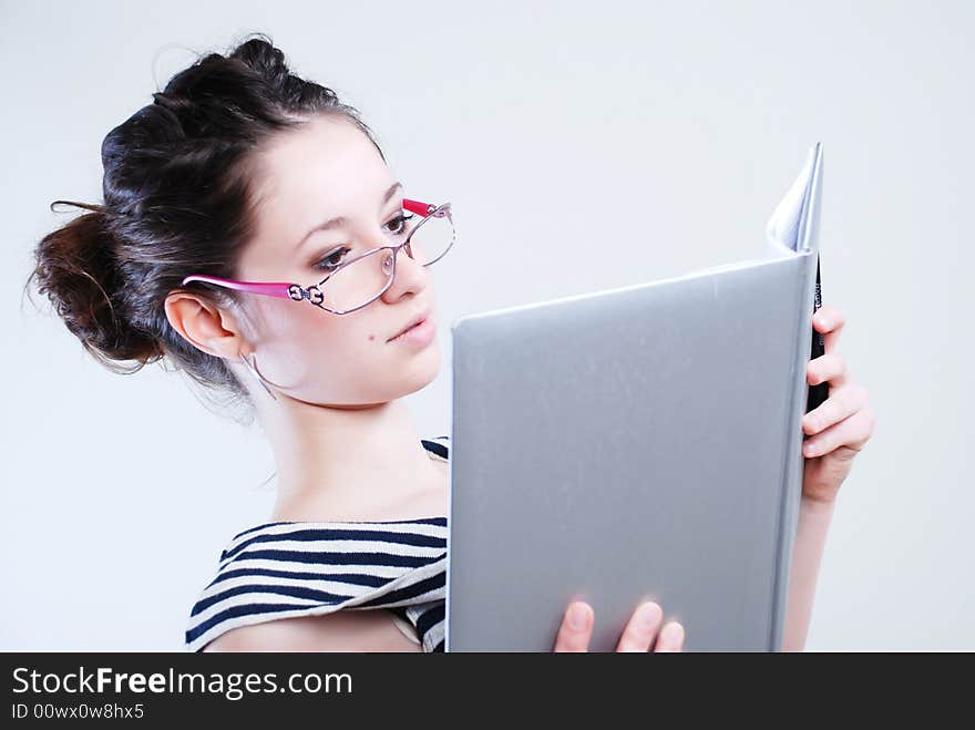 Beauty business woman in glasses at white background