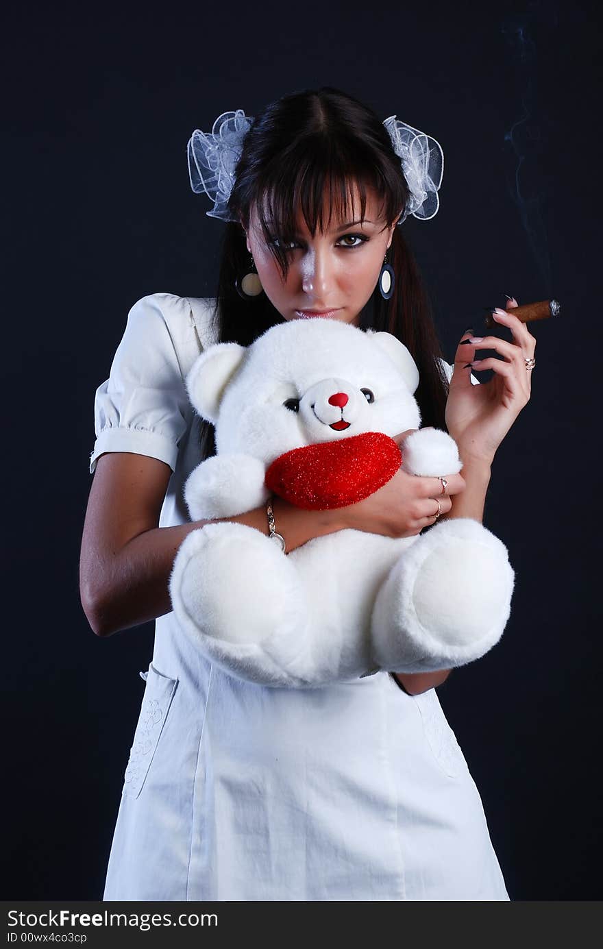 Beauty woman with bear and cigar