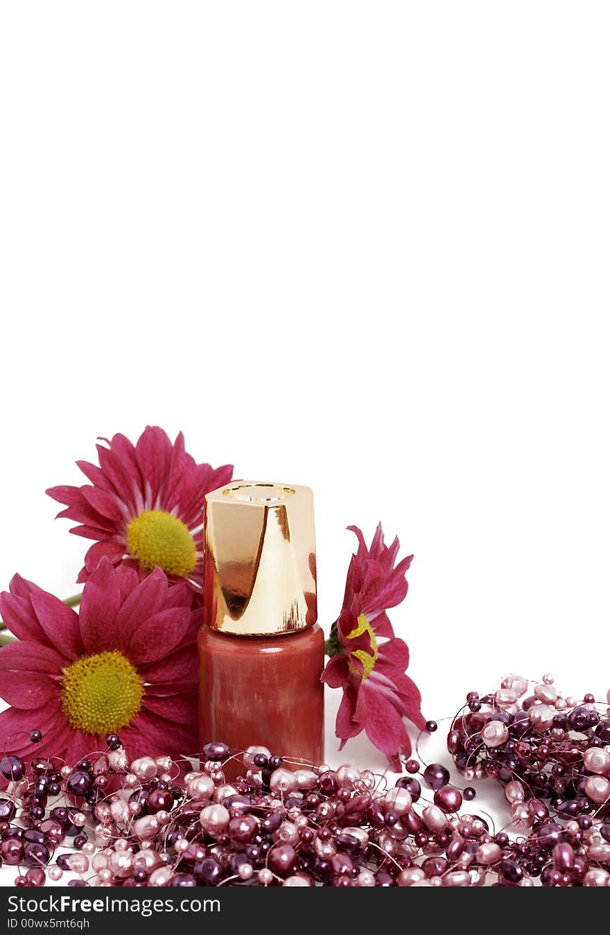 Pink nail polish with pink flowers and beads