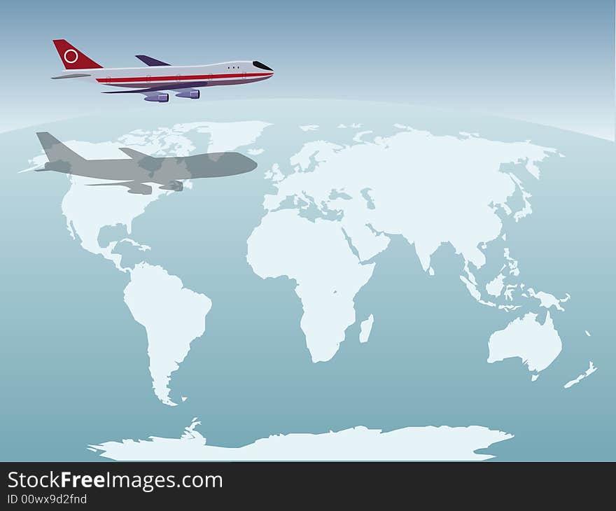 Airplane illustration above the world map. Airplane illustration above the world map