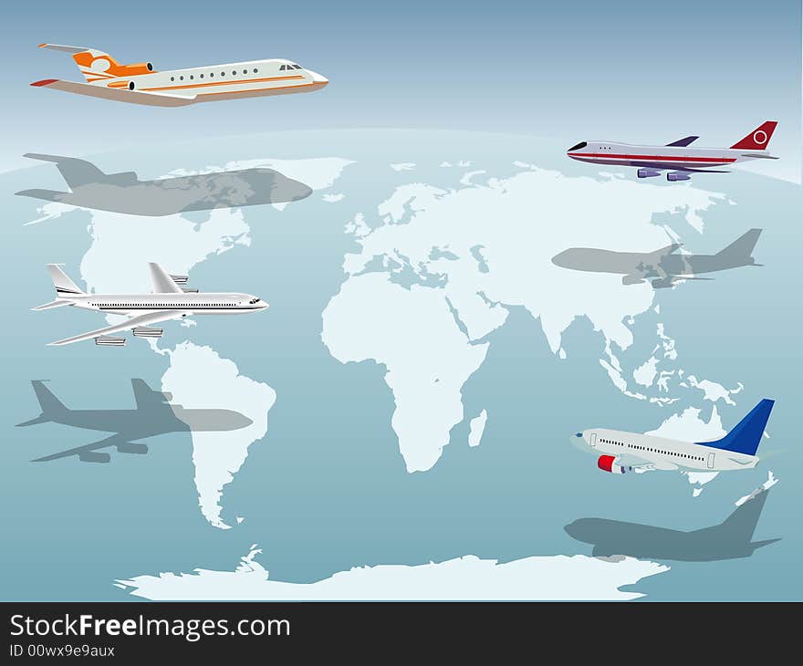 Airplanes illustration above the world map. Airplanes illustration above the world map