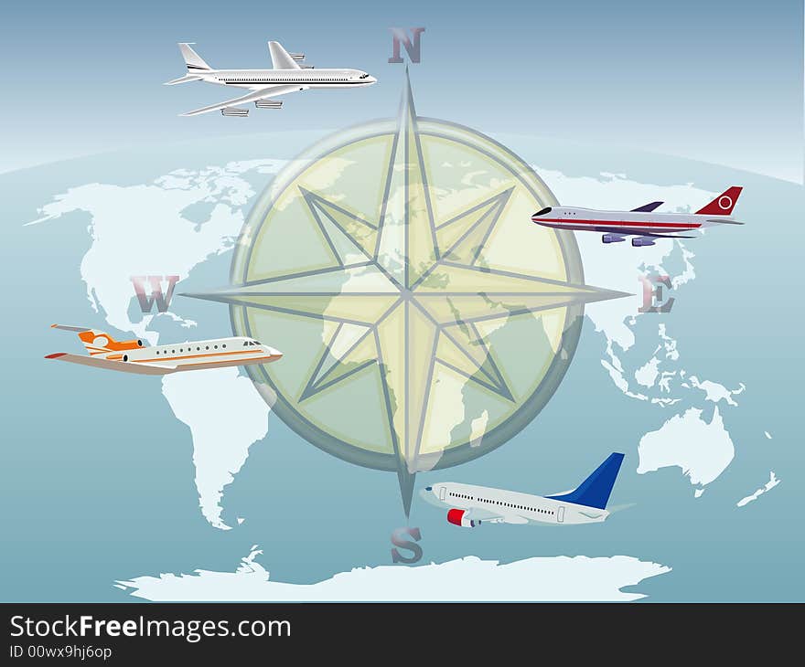 Airplanes illustration above the world map. Airplanes illustration above the world map