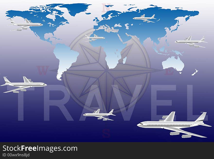 Airplanes illustration above the world map. Airplanes illustration above the world map