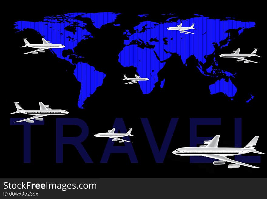 Airplanes illustration above the world map. Airplanes illustration above the world map