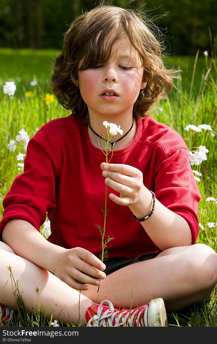 Young boy is looking to his flower. Young boy is looking to his flower