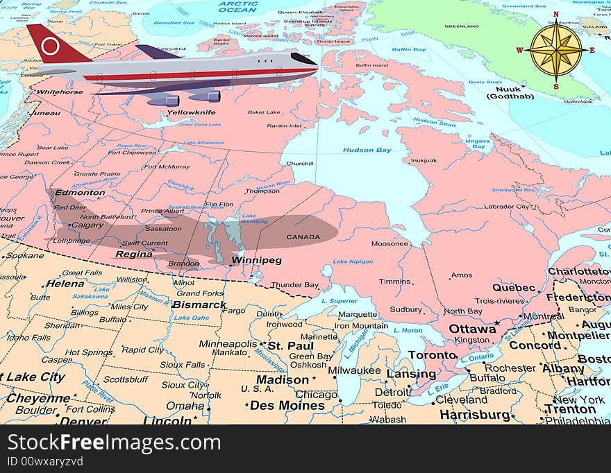 Passenger airplane illustration above Canada map. Passenger airplane illustration above Canada map