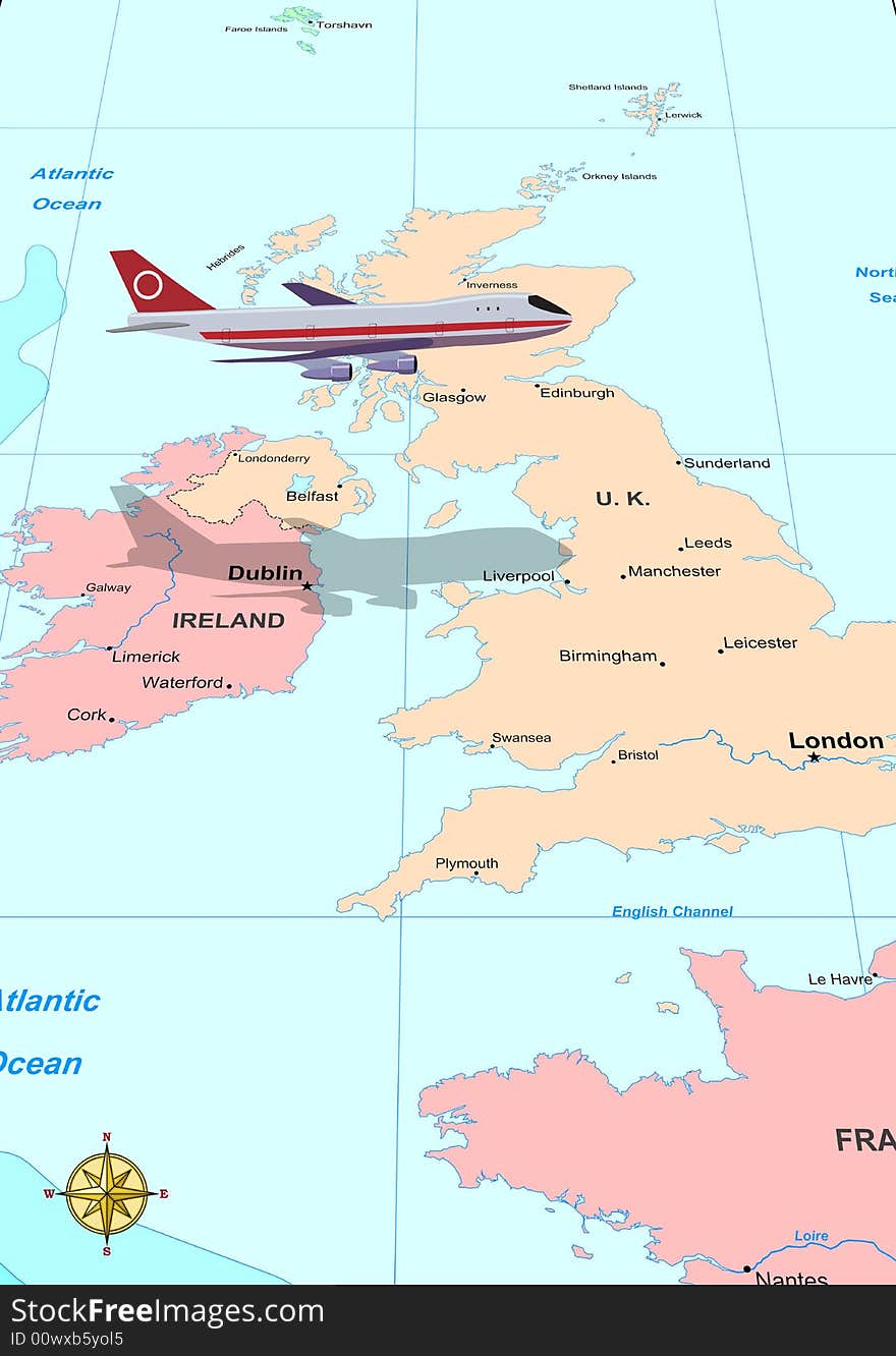 Passenger airplane illustration above United Kingdom map. Passenger airplane illustration above United Kingdom map