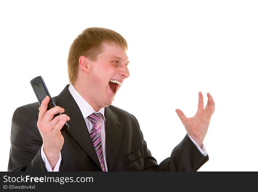 Happy businessman is pleased to a victory isolated over white background