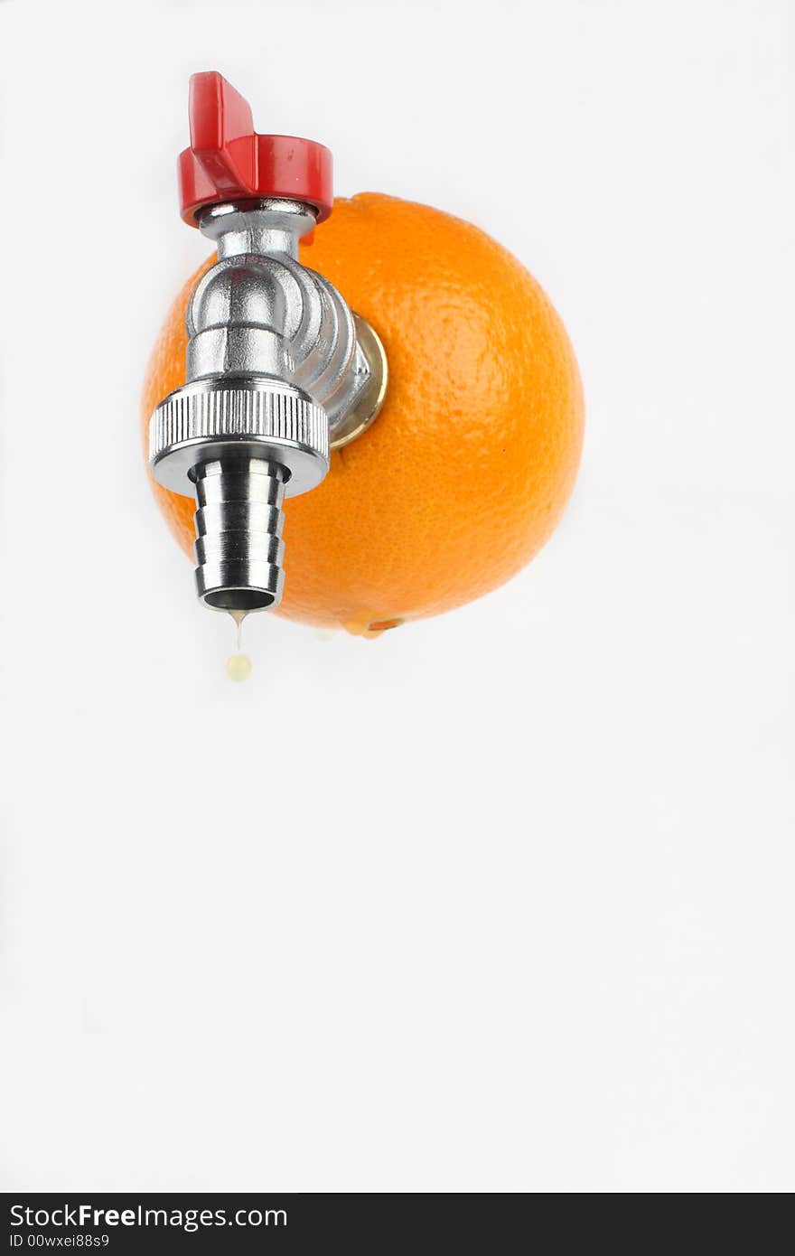 Orange with faucet and orange juice dripping from it, concept of freshness and healthy diet. Orange with faucet and orange juice dripping from it, concept of freshness and healthy diet