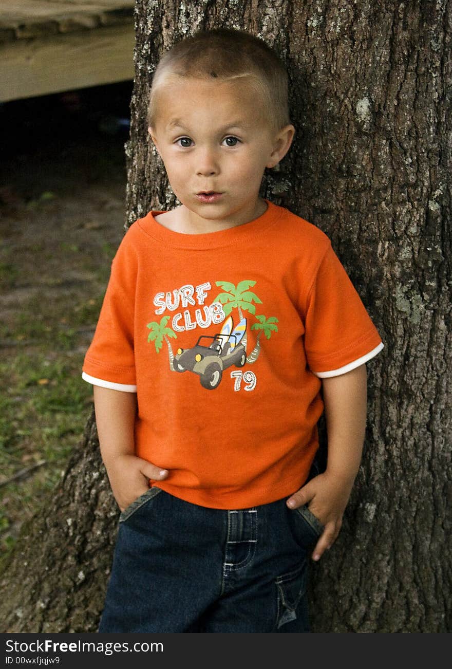 Young boy outside on a warm spring day with a quizzical look on his face. Young boy outside on a warm spring day with a quizzical look on his face.