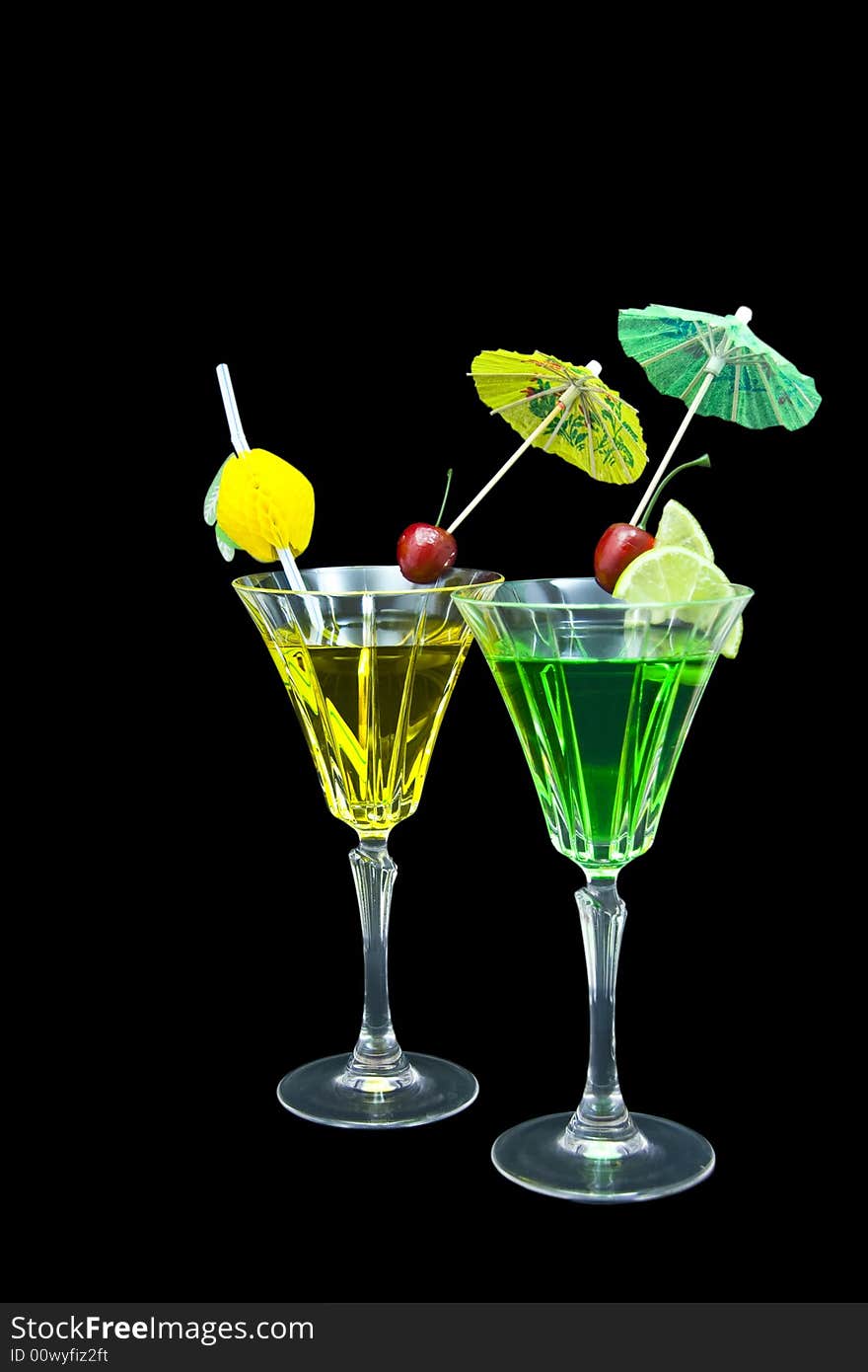 Two cocktails isolated on black background. Two cocktails isolated on black background