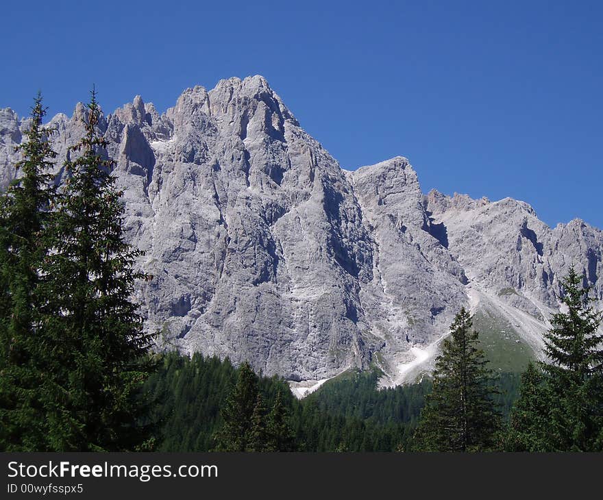 A rock mountain over a pinewood in a wonderful sun day. A rock mountain over a pinewood in a wonderful sun day.