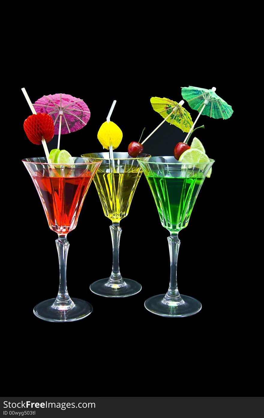 Three cocktails isolated on black background. Three cocktails isolated on black background