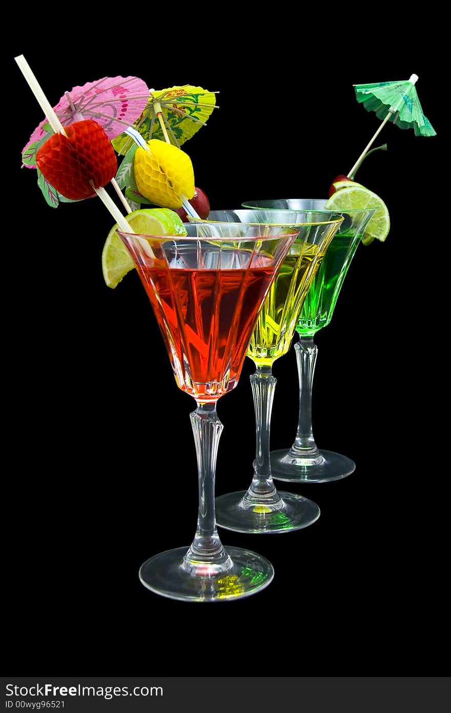 Three  coloured cocktails isolated on black background. Three  coloured cocktails isolated on black background