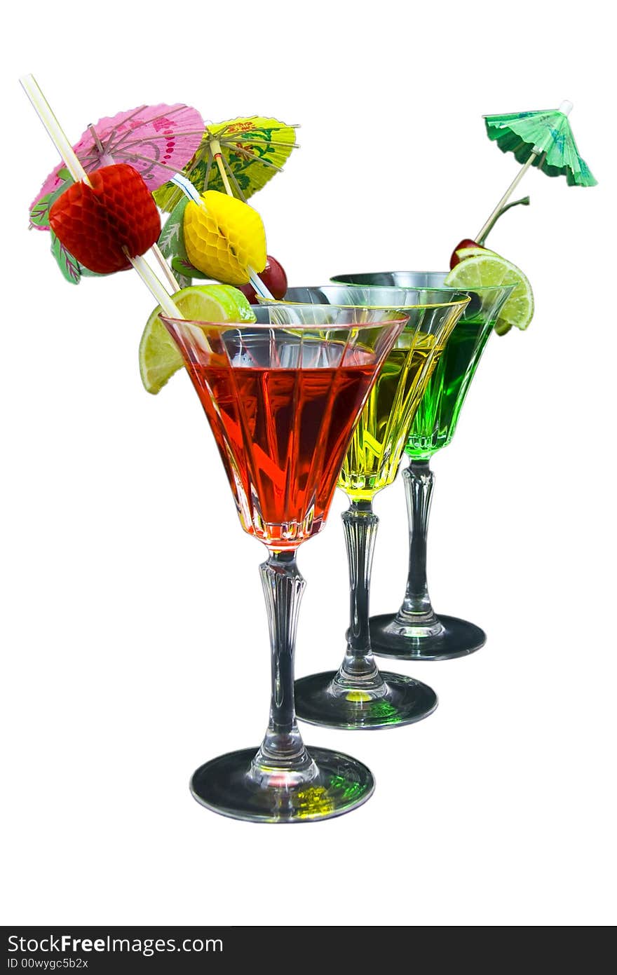 Three  coloured cocktails isolated on white background. Three  coloured cocktails isolated on white background