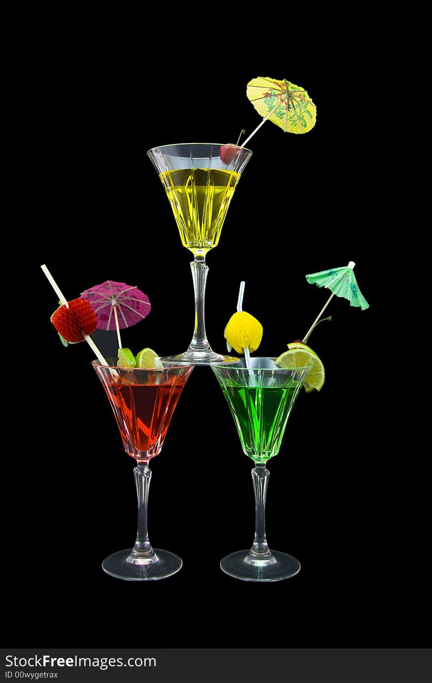 Three  stacked cocktails isolated on black background. Three  stacked cocktails isolated on black background